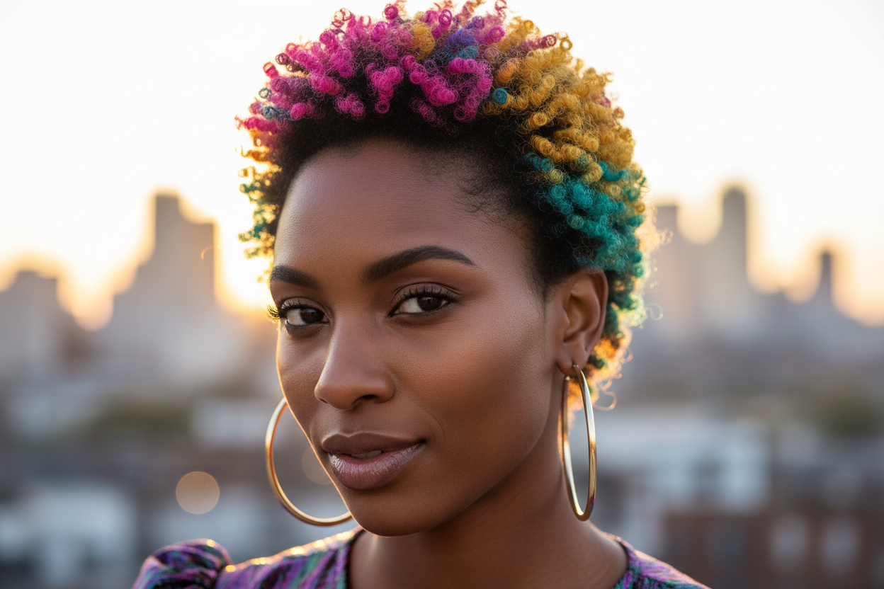 an african woman with coloured short hair and large hoop earrings